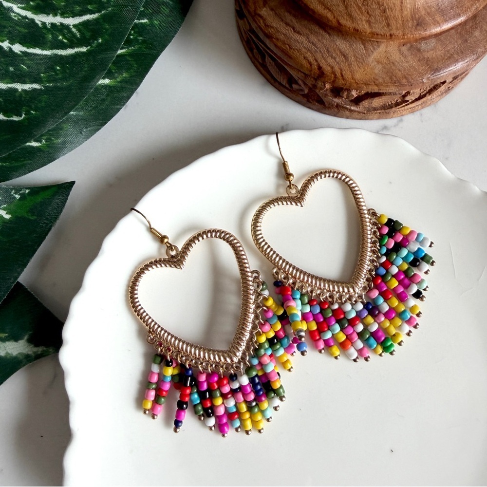 Gold Heart Multicolored Bead Fringe Dangle Earrings PREOWNED Large Boho Jewelry